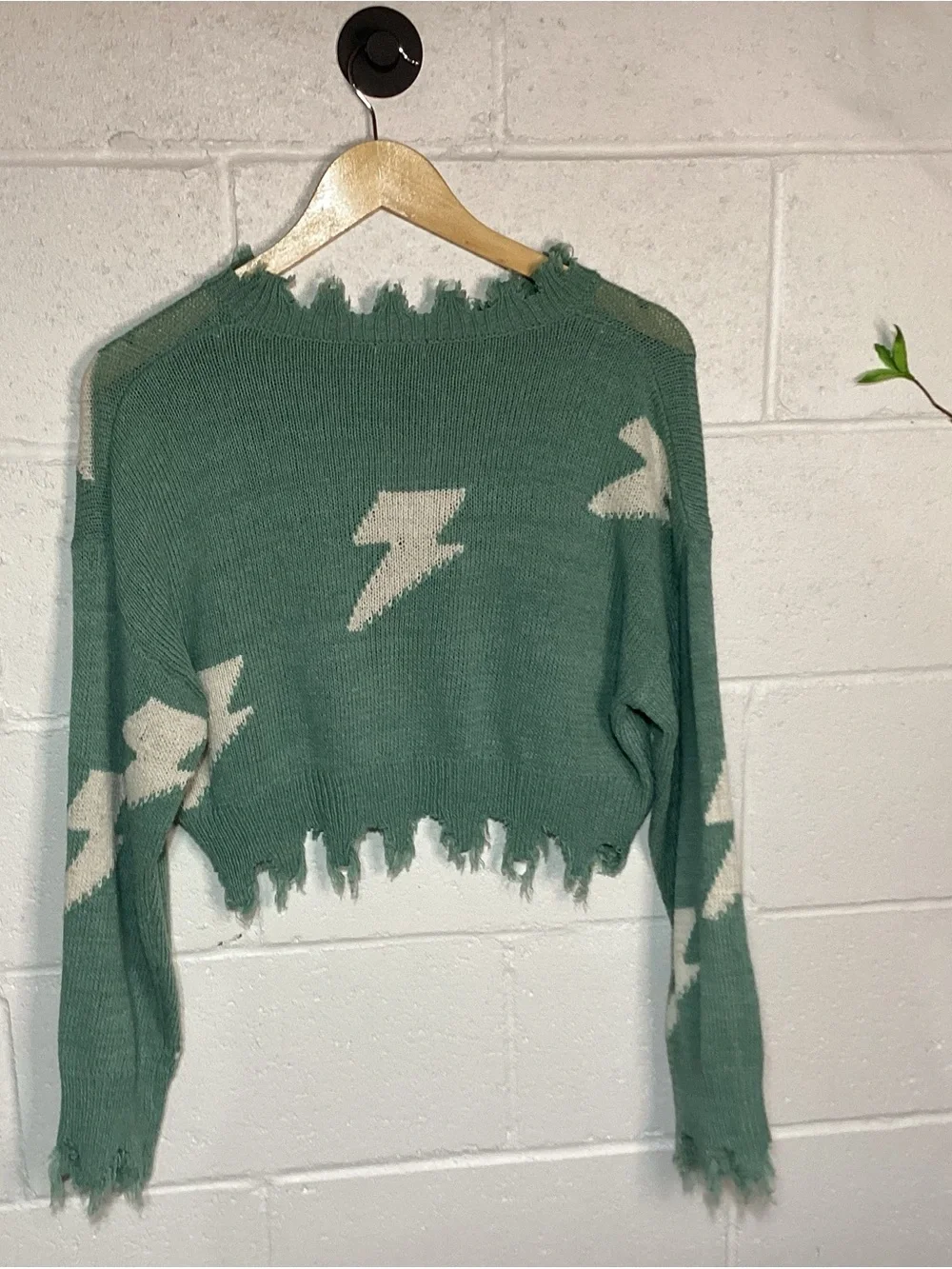 Debut Sage Green Cropped Lightning Knit Sweater Distressed